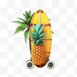 3d 夏季旅行与菠萝舵冲浪板棕榈树