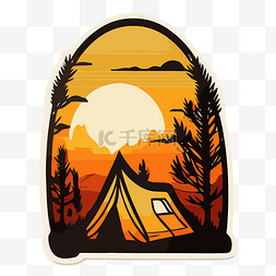 树木贴纸图片_带有日落帐篷和树木的贴纸 向量