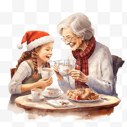 老年女性图片_快乐的祖母和孙女在圣诞厨房喝茶