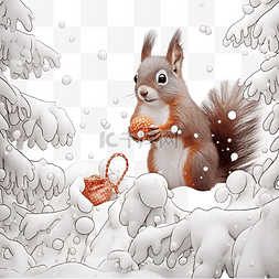 冬季森林里雪冷杉树枝上的小松鼠