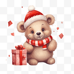 小熊吉祥物图片_可爱的小熊对圣诞礼物感到满意 