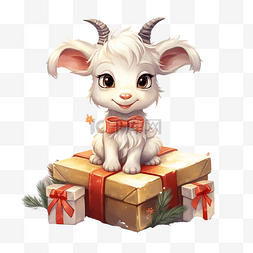 礼盒里可爱的卡通圣诞山羊看书插