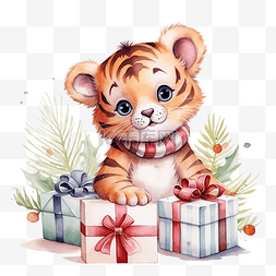 水彩手绘猫图片_可爱快乐的小老虎坐在圣诞松树和