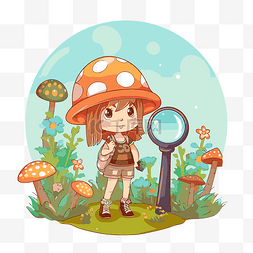 可爱的剪贴画女孩在蘑菇地与放大