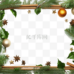 圣诞装饰果图片_白色圣诞装饰绿色树枝的边框