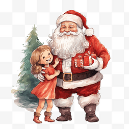 手绘插画圣诞圣诞老人想用圣诞树