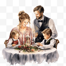 美丽的一家人在圣诞餐桌上共进晚
