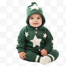 婴儿室内图片_穿着针织套装戴着帽子的婴儿坐在