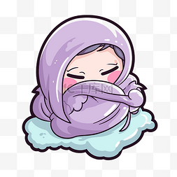 紫色头巾的女孩裹着毯子在云上 
