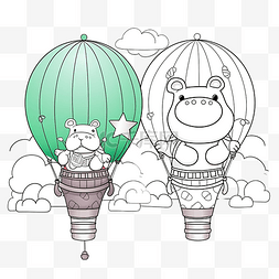 素描热气球图片_热气球上有可爱河马的儿童涂色书