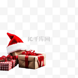 松枝圣诞帽图片_深色木板上的圣诞帽和礼品盒，带