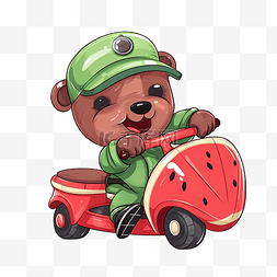 心情好卡通图片_戴着西瓜头盔的卡通熊在摩托车上