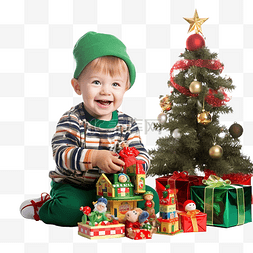快乐的小男孩在圣诞树旁玩他的玩