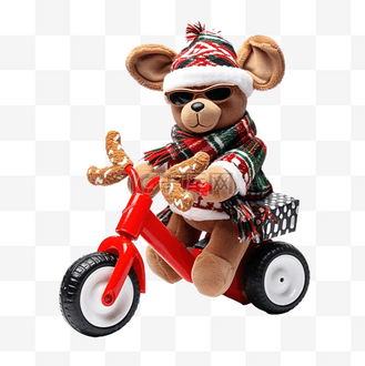 戴着帽子和围巾的滑稽玩具圣诞驯鹿坐在玩具自行车上