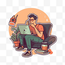 一个男人边喝咖啡边在笔记本电脑