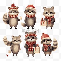卡通浣熊图片_可爱的浣熊圣诞人物系列，戴着帽