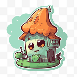 可爱的卡通蘑菇屋，有绿叶 向量