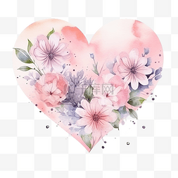 两颗爱心和粉红色背景的水彩花束