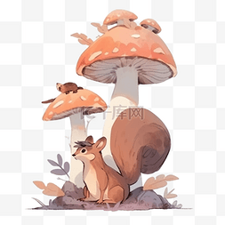 秋季彩色蘑菇上松鼠的水彩画