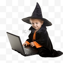 计算机孩子图片_万圣节穿着女巫服装的小男孩使用