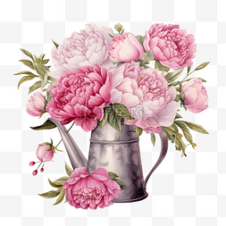 手绘粉色牡丹花图片_喷壶里的一束牡丹花插图