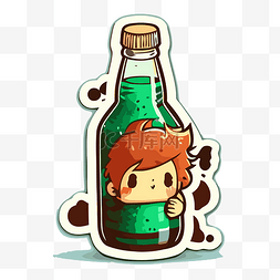 一个男孩在一瓶绿色饮料中的贴纸