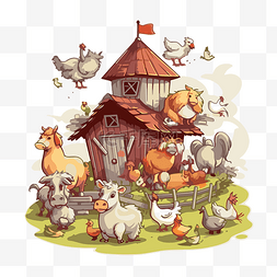 稗剪贴画卡通农场动物与鸡在背景