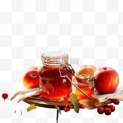 木色图片_秋季户外木桌上的苹果酱和水果