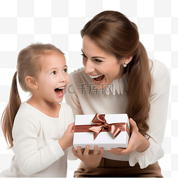 母亲和女儿惊讶地打开圣诞礼物