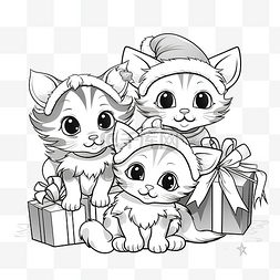 工作进行时图片_圣诞节时着色书页上的卡通小猫组
