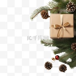 圣诞礼品盒和木桌上的冷杉树枝