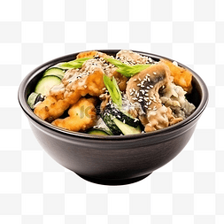 蔬菜水彩图片_天妇罗盖饭配煮蘑菇黄瓜片白芝麻