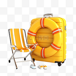 夏季旅行，带黄色手提箱伞救生圈