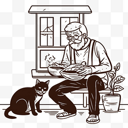 老年女性图片_手绘老人喂猫插画涂鸦风格