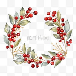 槲寄生花圈图片_水彩圣诞叶和红色浆果花环，金框
