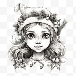 人物素描手绘图片_带圣诞装饰的精灵女孩手绘肖像