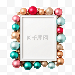 圣诞圣诞相框框架图片_时尚彩色桌面视图上的圣诞球和相
