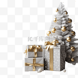带有三个礼物盒和中性灰色圣诞树
