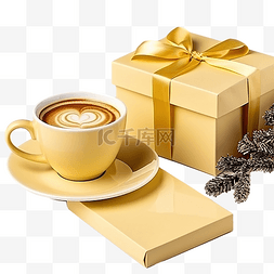 咖啡包装纸图片_圣诞组合物，配有黄杯卡布奇诺和