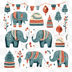 圣诞涂鸦套装，大象戴着针织围巾