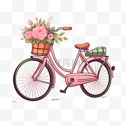 复古粉色自行车与一篮花卡通平面