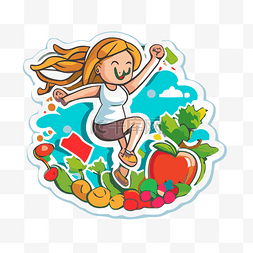 女性健康女孩跳跃和吃蔬菜贴纸剪