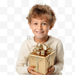 快乐的男孩拿着圣诞礼物坐在地板