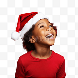 抬头看的孩子图片_戴着圣诞帽的非洲裔美国男孩抬头