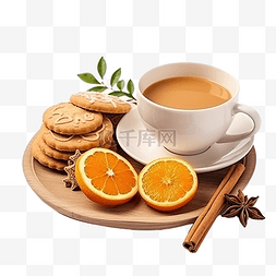 桌上杯子图片_圣诞饼干干柑橘片和桌上的一杯茶