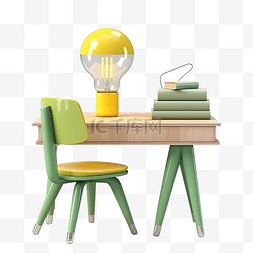教育卡通黑板图片_3d 绿色黑板模板与灯泡木制课桌卡