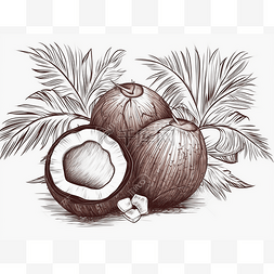 两个带叶子的椰子的手绘素描图像