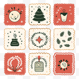 复古圣诞节邮票图片_圣诞可爱邮票套装，上面印有节日