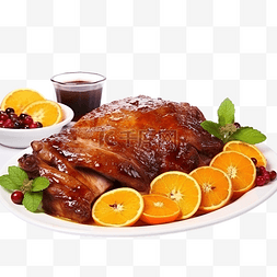 美式餐台图片_圣诞餐桌上配有橙子和酱汁的烤鸭