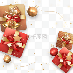 金色新年礼物图片_圣诞节蝴蝶结礼盒铃铛边框